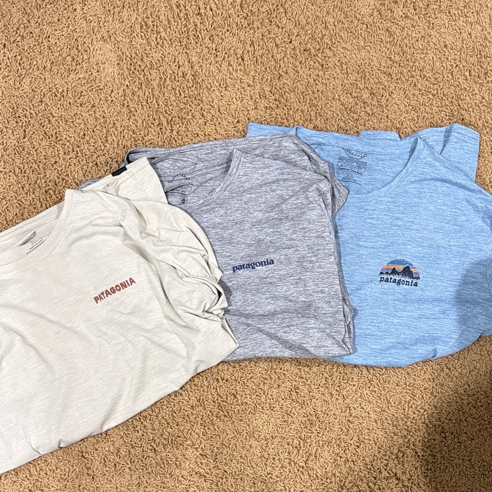 3 Patagonia T-Shirts in Light Gray, Light Blue, and Light Brown